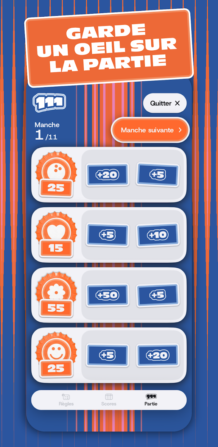 L'application mobile Le 111 sur iOS et Android, qui permet de compter les points de la partie, analyser les statistiques et conserver les hitsoriques de chaque partie du jeu de sociét Le 111