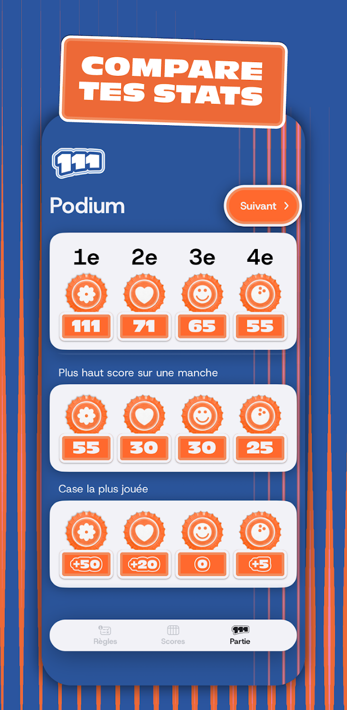 L'application mobile Le 111 sur iOS et Android, qui permet de compter les points de la partie, analyser les statistiques et conserver les hitsoriques de chaque partie du jeu de sociét Le 111