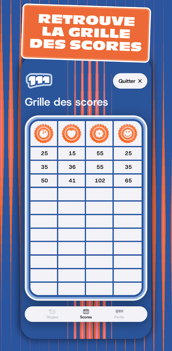 L'application 111, sur iOS et Android, pour compter les points de la partie de jeu, connaître les statistiques de la partie et conserver l'historique des parties de jeu d'adresse et de précision Le 111