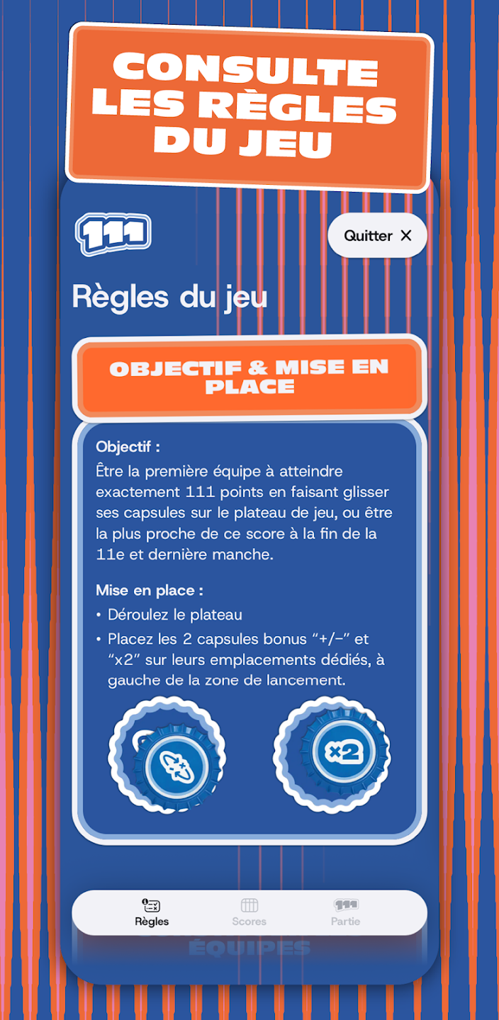 L'application 111, sur iOS et Android, pour compter les points de la partie de jeu, connaître les statistiques de la partie et conserver l'historique des parties de jeu d'adresse et de précision Le 111