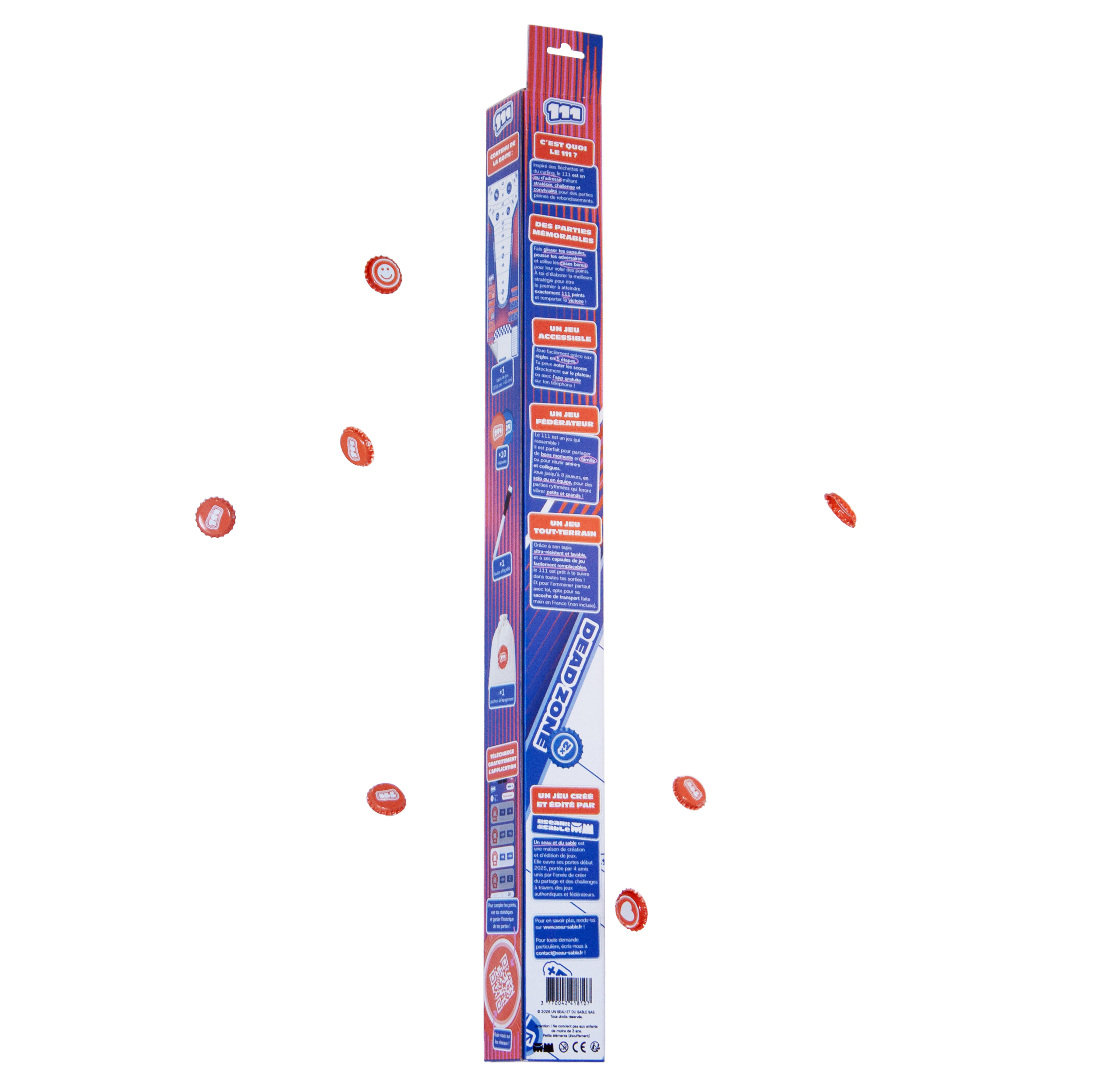 Packshot du 111 dans sa boite en carton avec les capsules de jeu qui virvoltent autour