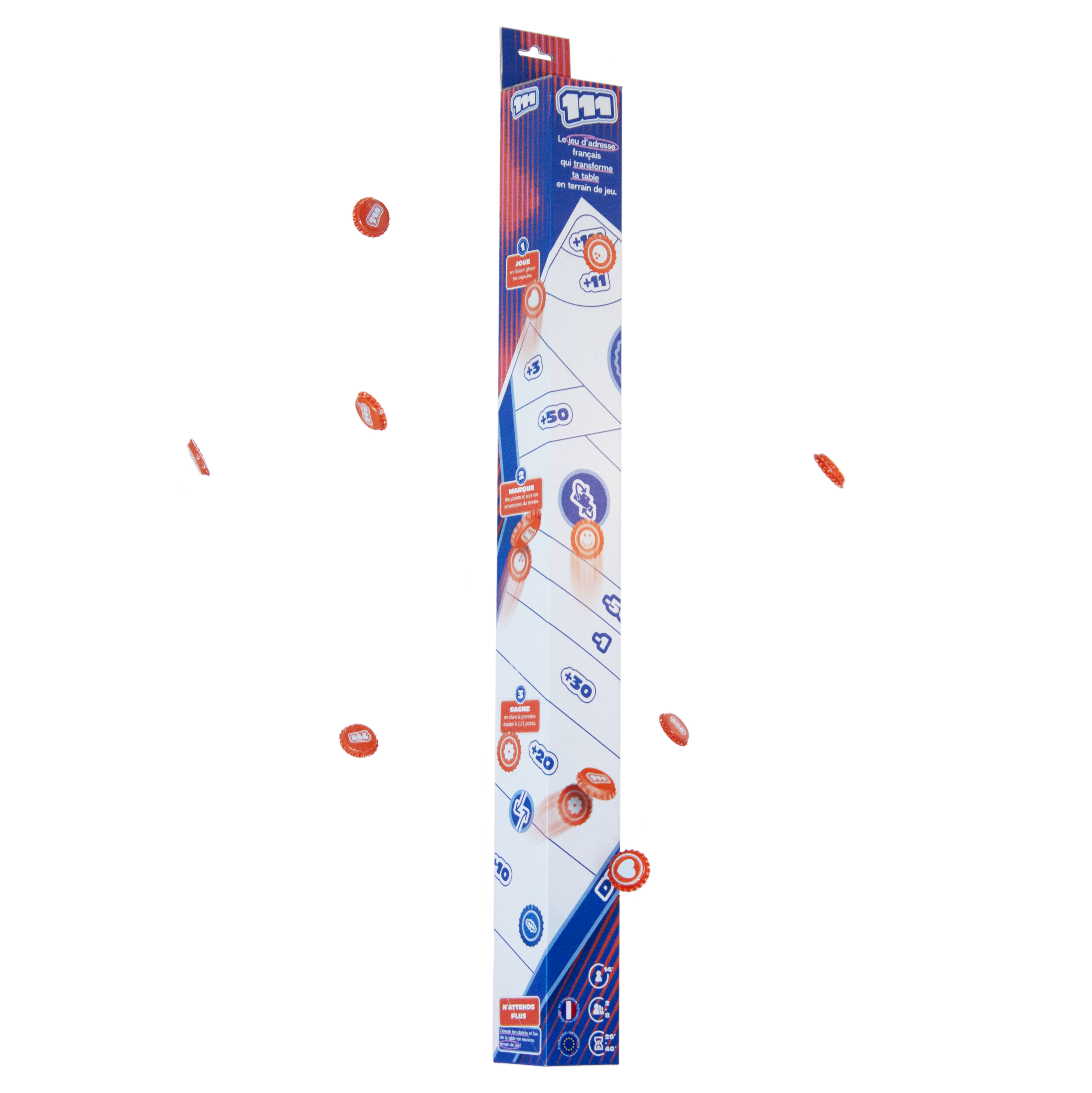 Packshot du 111 dans sa boite en carton avec les capsules de jeu qui virvoltent autour
